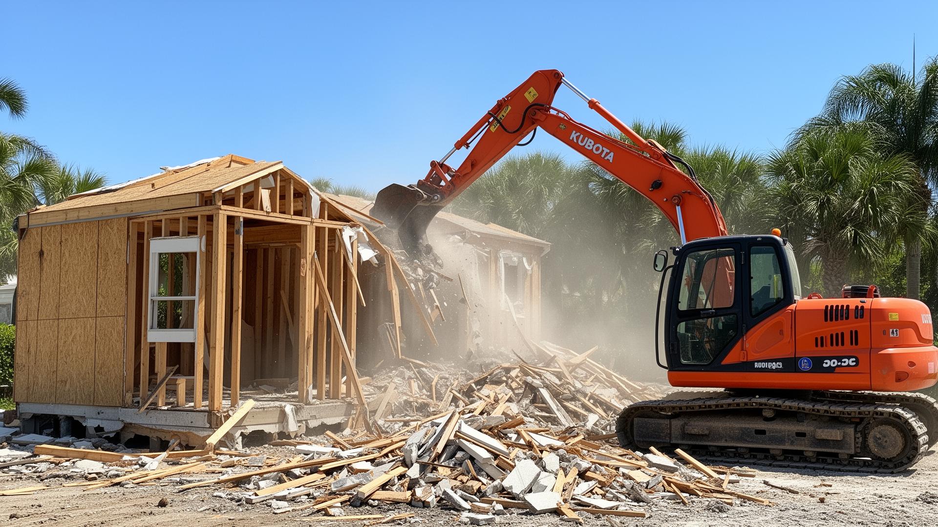 Excavator demolishing a commercial building at sunset